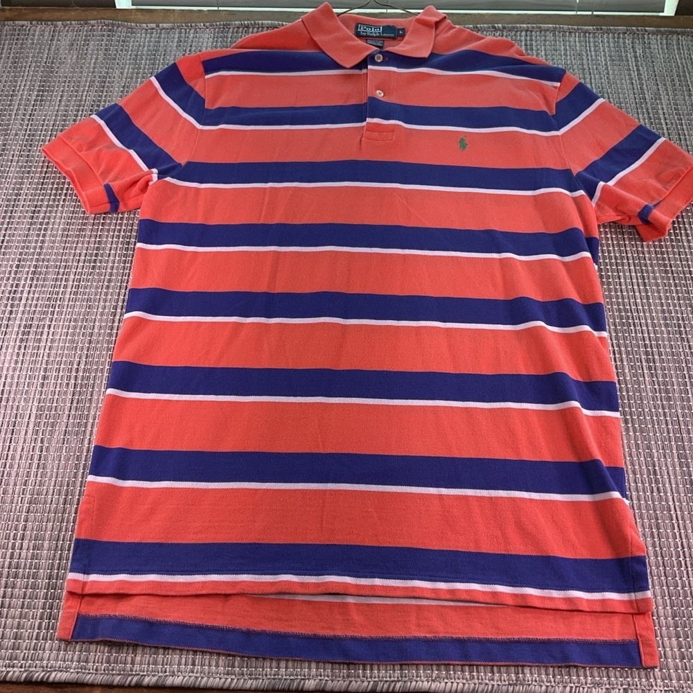 Polo Ralph Lauren Mens L Orange Blue Striped Shirt Short Slv UF Gator colors